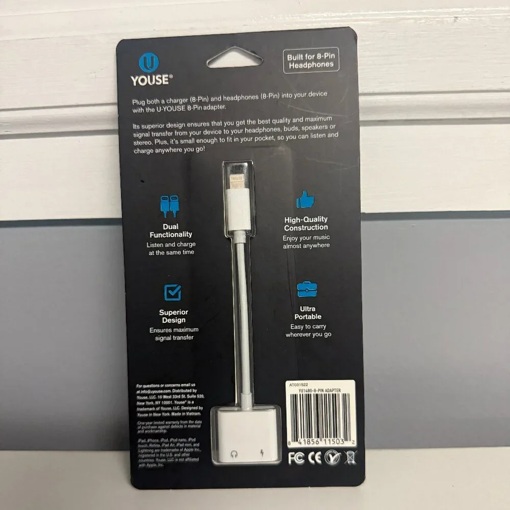 U Youse Dual 8-Pin Charge and Listen Adapter for 8-Pin adapter for iPhones/iPads